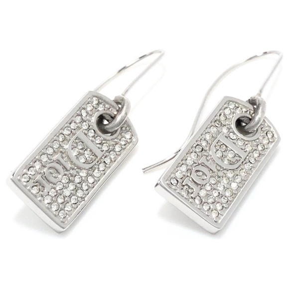 VTG AUTH Christian Dior Silver Rhinestone Logo Dog Tag Hook Charm Earrings - Picture 6 of 7